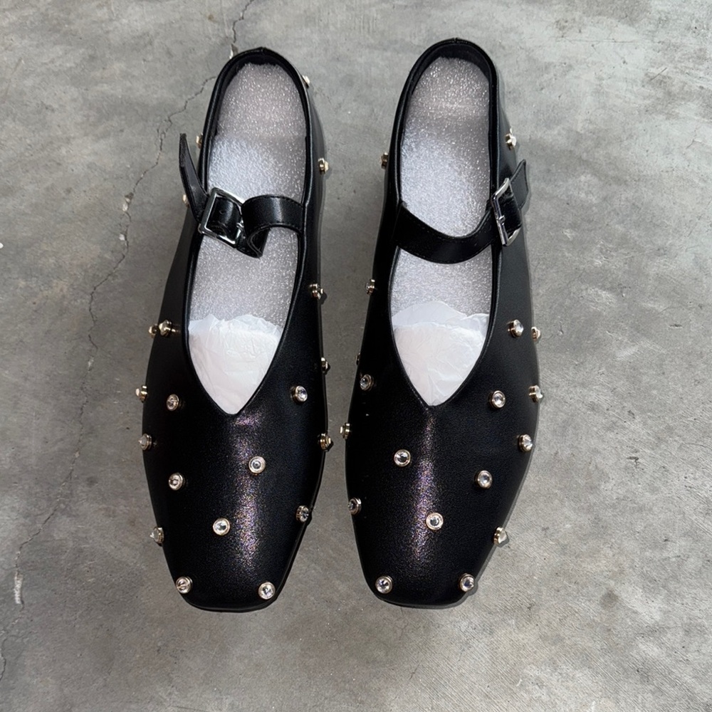 Black Studded Flats with Strap and Rounded Toe
